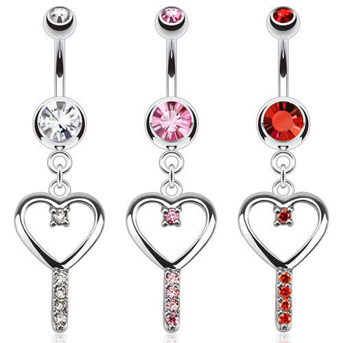 316L Surgical Steel Heart Key with CZ Navel Ring - 14GA Red