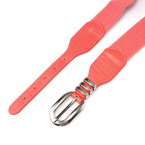 Metal Accent Alligator Print High Waist Belt (Red)