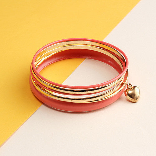 Colored Bangle Set with Heart Dangle