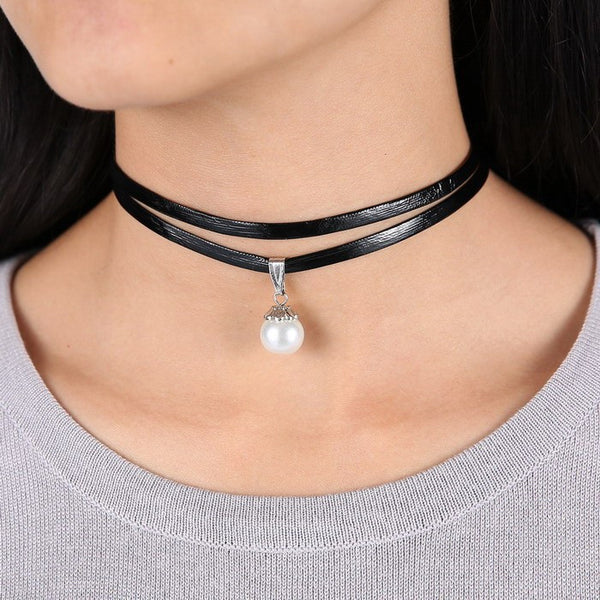 Double Layer Black Imitation Leather Choker