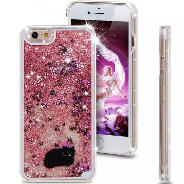 Liquid Glitter Phone Case for Iphone 5 5S (Black Cat, Pink Blossoms)