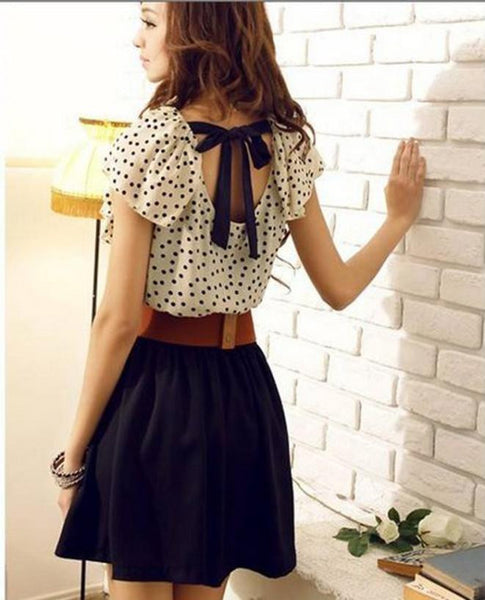 Summer Dress Short Sleeve Chiffon Dots Polka Waist Mini Dress