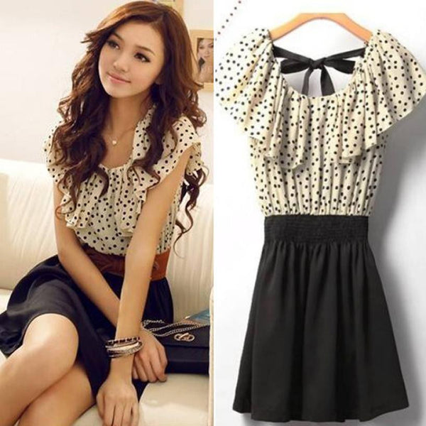 Summer Dress Short Sleeve Chiffon Dots Polka Waist Mini Dress