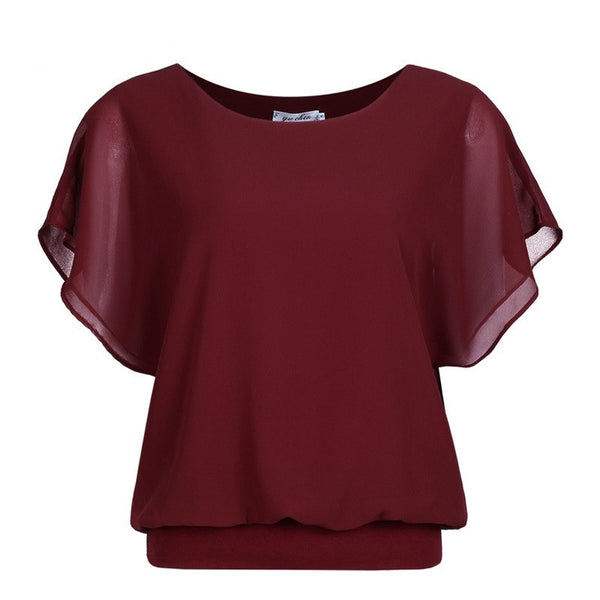 Ruffles Batwing Short Sleeve Shirt Ladies Casual Loose Clothing