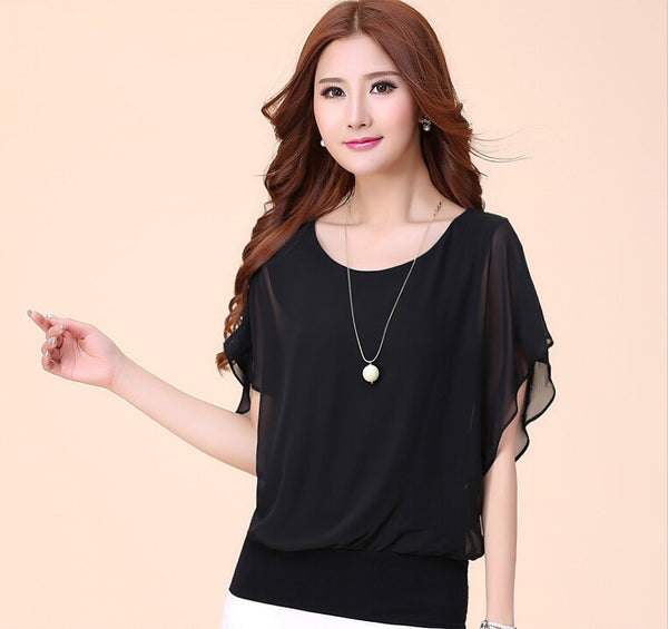Ruffles Batwing Short Sleeve Shirt Ladies Casual Loose Clothing