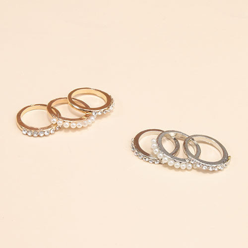 Pearl & Crystal Midi Ring Set (3 Piece)