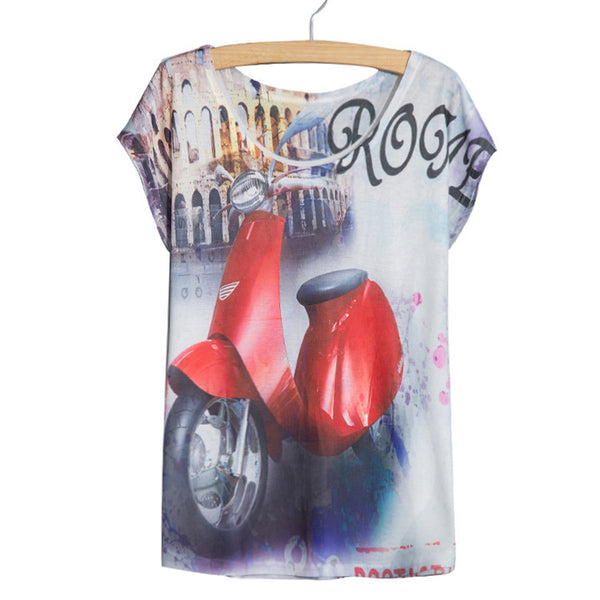 Sleeve Ladies Red Bus Printed Women Top T Shirt