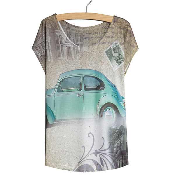 Sleeve Ladies Red Bus Printed Women Top T Shirt