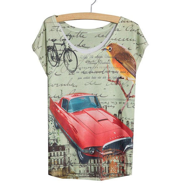 Sleeve Ladies Red Bus Printed Women Top T Shirt