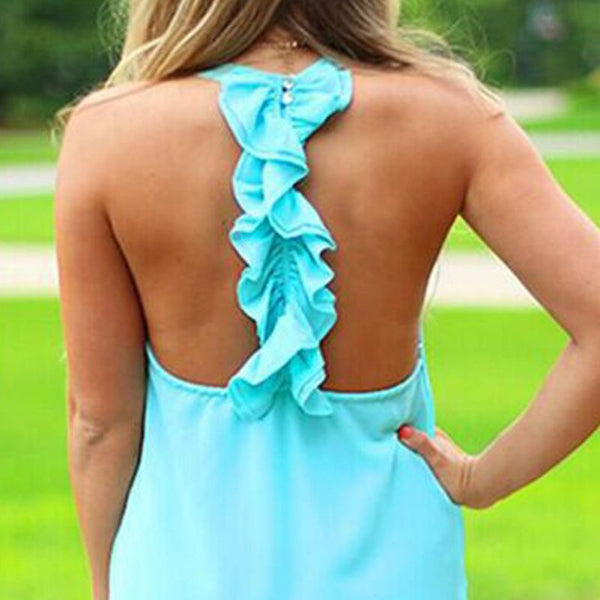 Summer Style Solid Color Backless Mini Dress Women Halter Pleated Dress