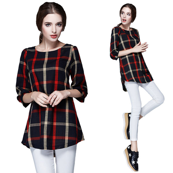 Spring Women Plaid Blouse Vintage