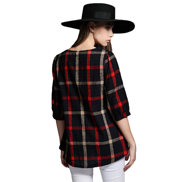 Spring Women Plaid Blouse Vintage