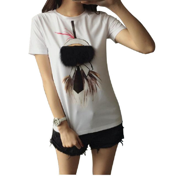 cartoon print applique short sleeve cotton slim T-shirt