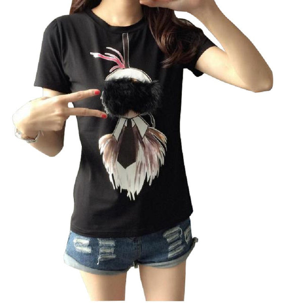cartoon print applique short sleeve cotton slim T-shirt