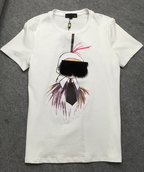 cartoon print applique short sleeve cotton slim T-shirt