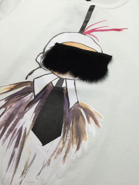 cartoon print applique short sleeve cotton slim T-shirt