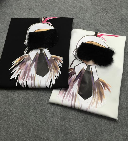 cartoon print applique short sleeve cotton slim T-shirt