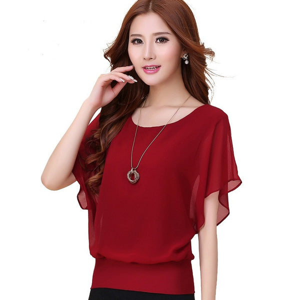 Ruffles Batwing Short Sleeve Shirt Ladies Casual Loose Clothing